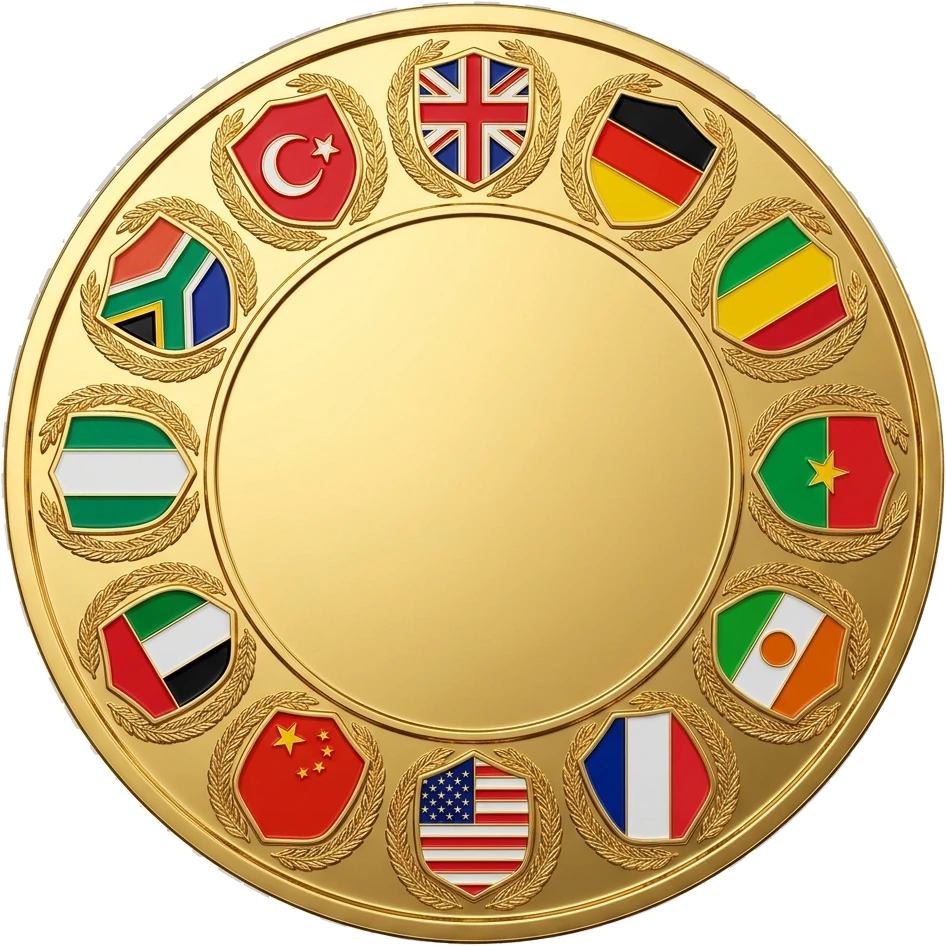 Médaille d'or internationale AES-GOLD entourée des drapeaux des nations partenaires